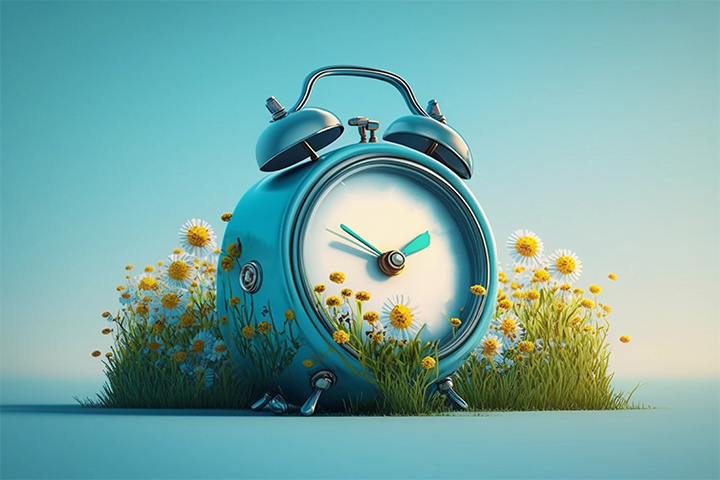 Image of a clock surrounded by daisies